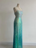 Gradient Jade Spaghetti Strap Sheath Sequins Prom Dresses Backless Evening Gowns HZ1024