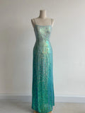 Gradient Jade Spaghetti Strap Sheath Sequins Prom Dresses Backless Evening Gowns HZ1024