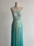 Gradient Jade Spaghetti Strap Sheath Sequins Prom Dresses Backless Evening Gowns HZ1024