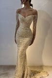 Yellow Off Shoulder Mermaid Long Sleeve Beaded Prom Dresses Fashion Evening Dress HZ1024