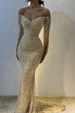 Yellow Off Shoulder Mermaid Long Sleeve Beaded Prom Dresses Fashion Evening Dress HZ1024