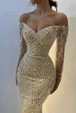 Yellow Off Shoulder Mermaid Long Sleeve Beaded Prom Dresses Fashion Evening Dress HZ1024