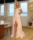 Blush Pink Off-the-shoulder A-Line Chiffon Satin Prom Dresses Evening Gowns with Slits HZ1024