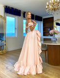 Blush Pink Off-the-shoulder A-Line Chiffon Satin Prom Dresses Evening Gowns with Slits HZ1024