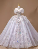 Off-the-shoulder A-Line Tulle Beaded Train Wedding Dress HZ1024