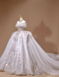 Off-the-shoulder A-Line Tulle Beaded Train Wedding Dress HZ1024