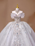 Off-the-shoulder A-Line Tulle Beaded Train Wedding Dress HZ1024