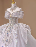 Off-the-shoulder A-Line Tulle Beaded Train Wedding Dress HZ1024