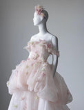 Light Pink Off-the-shoulder A-Line Tulle Applique Train Wedding Dress HZ1024