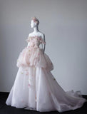 Light Pink Off-the-shoulder A-Line Tulle Applique Train Wedding Dress HZ1024