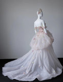 Light Pink Off-the-shoulder A-Line Tulle Applique Train Wedding Dress HZ1024