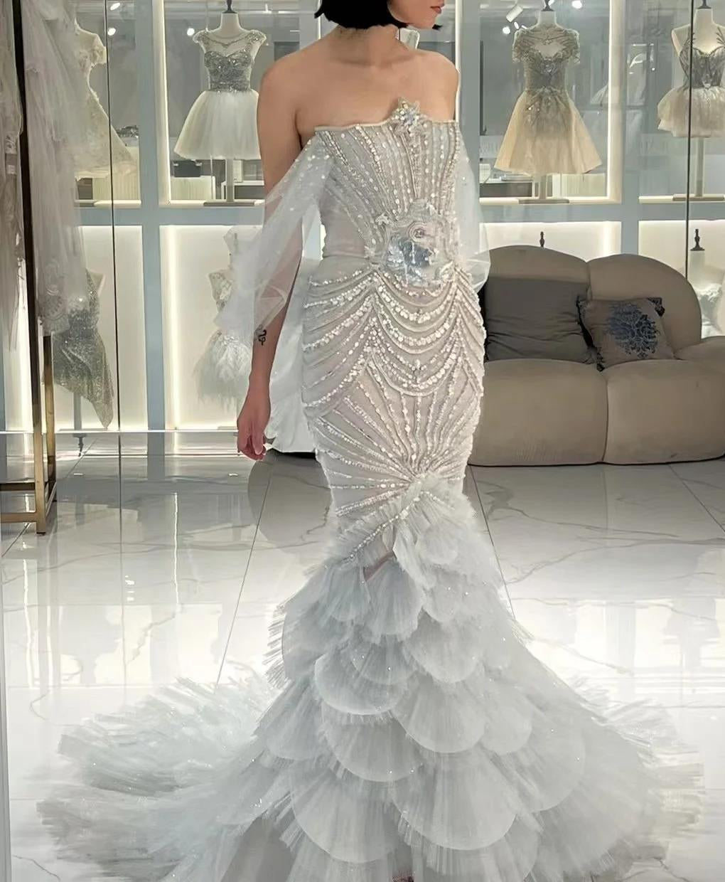 Grey Strapless Mermaid Tulle Beaded Gorgeous Train Wedding Dress HZ1024