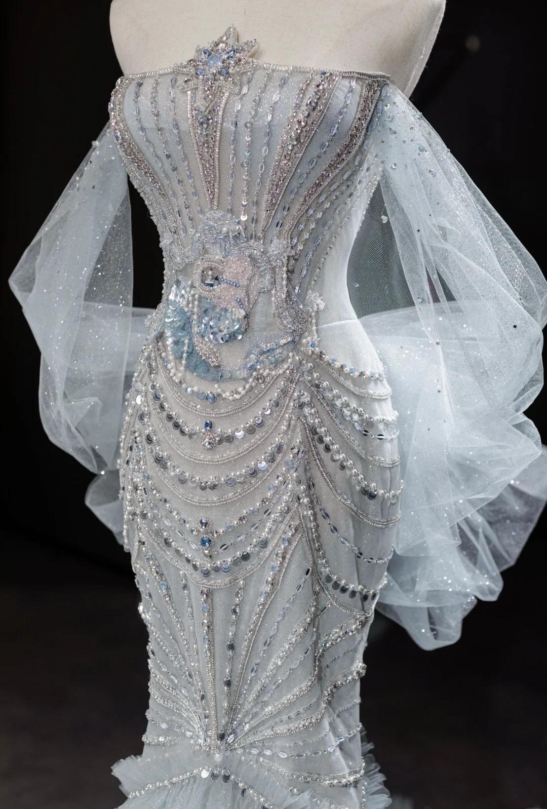 Grey Strapless Mermaid Tulle Beaded Gorgeous Train Wedding Dress HZ1024
