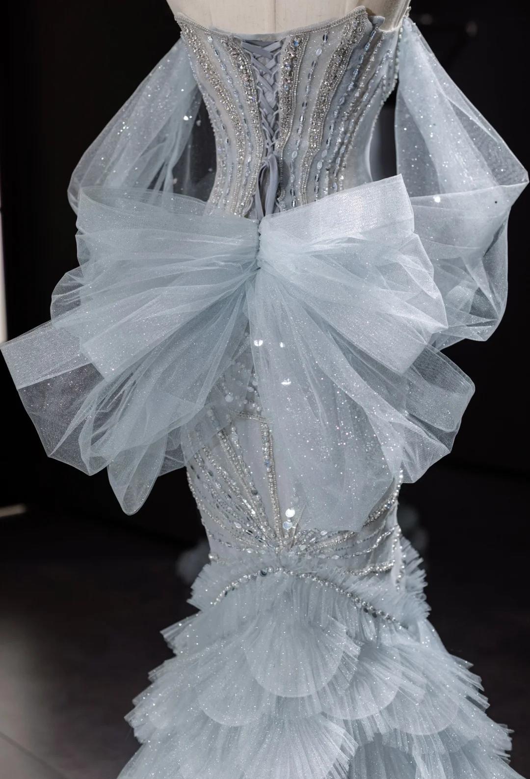 Grey Strapless Mermaid Tulle Beaded Gorgeous Train Wedding Dress HZ1024