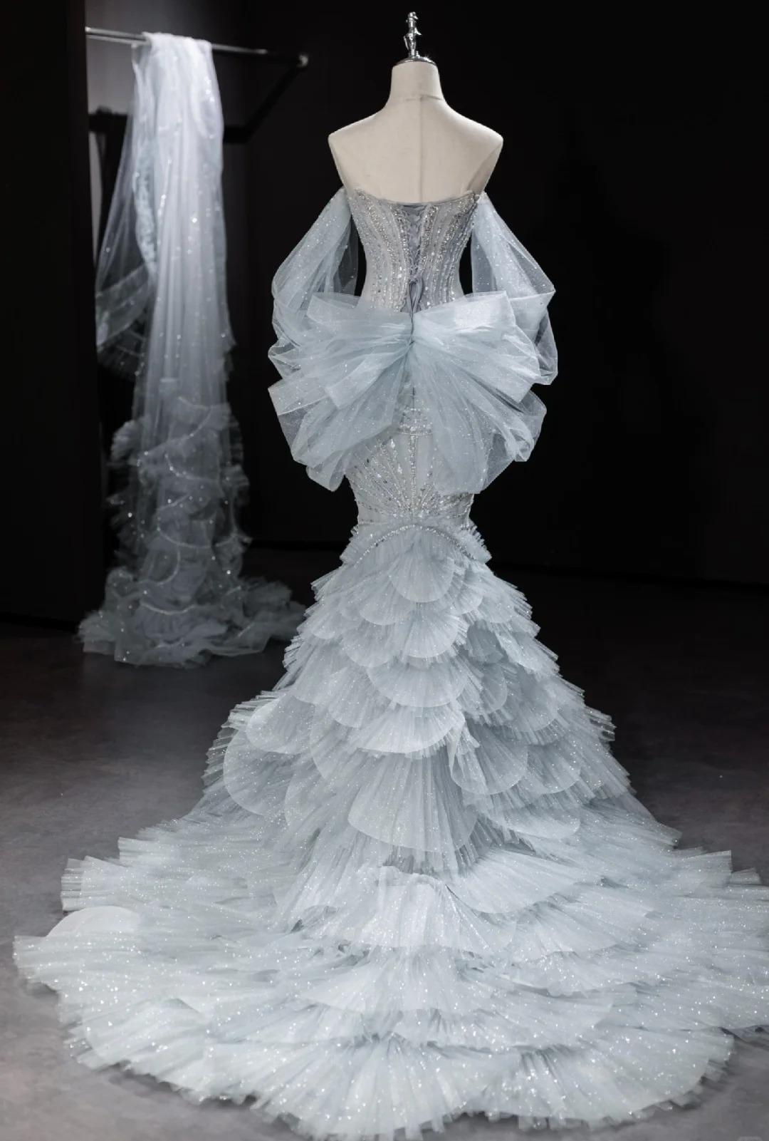 Grey Strapless Mermaid Tulle Beaded Gorgeous Train Wedding Dress HZ1024