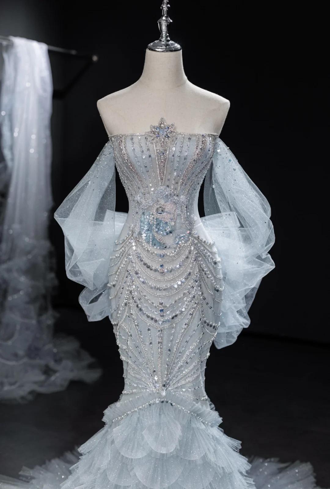 Grey Strapless Mermaid Tulle Beaded Gorgeous Train Wedding Dress HZ1024