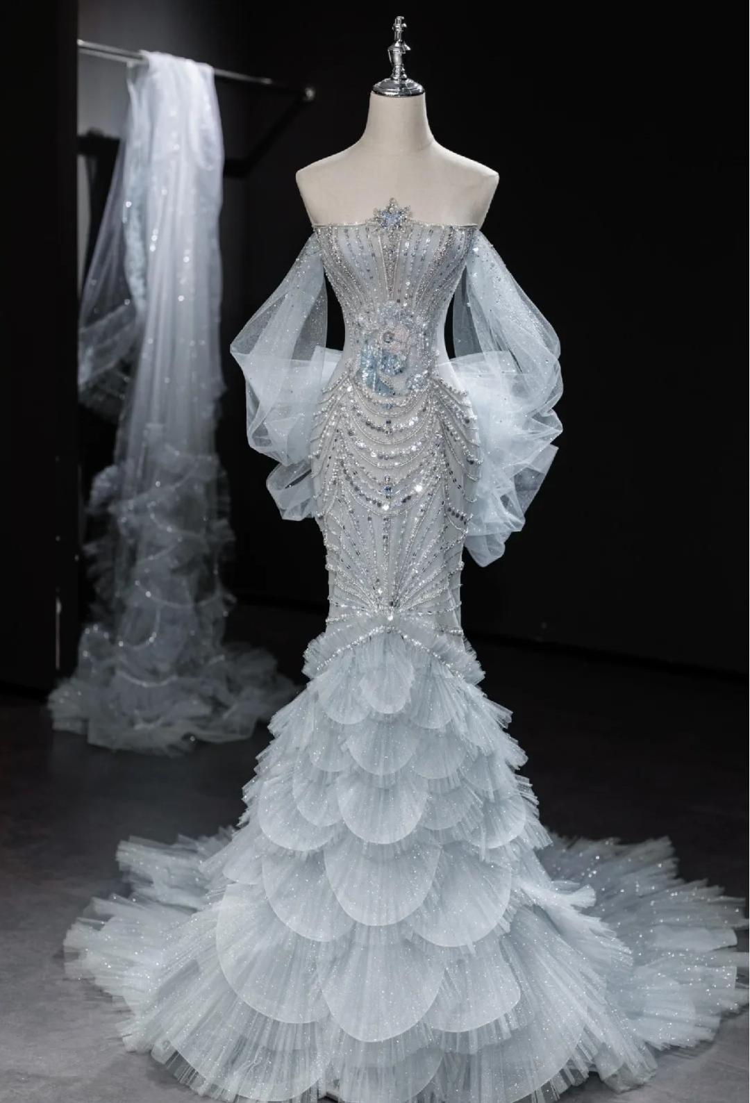 Grey Strapless Mermaid Tulle Beaded Gorgeous Train Wedding Dress HZ1024