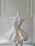 Cream White Square Neck A-Line Satin Short Prom Dress, Homecoming Dress HZ1024