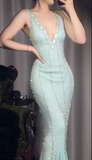 Tiffany Blue V-neck Mermaid Chiffon Beaded Ball Dress Elegant Evening Gowns HZ1024