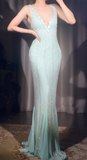 Tiffany Blue V-neck Mermaid Chiffon Beaded Ball Dress Elegant Evening Gowns HZ1024