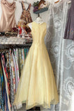 Butter Yellow Evening Gowns Round Neck A-Line Tulle Party Dress HZ1024