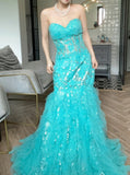 Blue Sweetheart Neck Mermaid Tulle Appliques Long Prom Dresses Formal Evening Gowns HZ1024