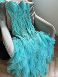 Blue Sweetheart Neck Mermaid Tulle Appliques Long Prom Dresses Formal Evening Gowns HZ1024