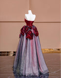 Burgundy Strapless Velvet A-Line Tulle Long Prom Dresses Unique Wedding Dress HZ1024