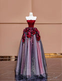 Burgundy Strapless Velvet A-Line Tulle Long Prom Dresses Unique Wedding Dress HZ1024