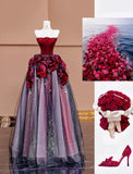 Burgundy Strapless Velvet A-Line Tulle Long Prom Dresses Unique Wedding Dress HZ1024