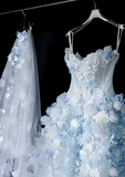White Tulle Strapless A-Line 3D Applique Trailing Wedding Dress HZ1024