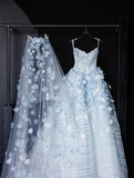 White Tulle Strapless A-Line 3D Applique Trailing Wedding Dress HZ1024