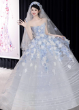 White Tulle Strapless A-Line 3D Applique Trailing Wedding Dress HZ1024
