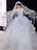 White Tulle Strapless A-Line 3D Applique Trailing Wedding Dress HZ1024
