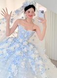 White Tulle Strapless A-Line 3D Applique Trailing Wedding Dress HZ1024