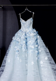 White Tulle Strapless A-Line 3D Applique Trailing Wedding Dress HZ1024