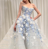 White Tulle Strapless A-Line 3D Applique Trailing Wedding Dress HZ1024