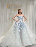White Tulle Strapless A-Line 3D Applique Trailing Wedding Dress HZ1024