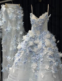 White Tulle Strapless A-Line 3D Applique Trailing Wedding Dress HZ1024