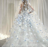 White Tulle Strapless A-Line 3D Applique Trailing Wedding Dress HZ1024
