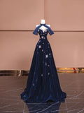Navy Blue Sweetheart A-Line Velvet Long Prom Dresses Formal Evening Dresses HZ1024