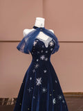 Navy Blue Sweetheart A-Line Velvet Long Prom Dresses Formal Evening Dresses HZ1024