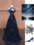 Navy Blue Sweetheart A-Line Velvet Long Prom Dresses Formal Evening Dresses HZ1024