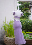 Lilac Square Neck Applique Bodycon Short Prom Dresses Party Dress with Slits HZ1024