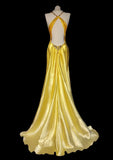 Bright Yellow V Neck Mermaid Satin Beading Long Prom Dresses Backless Formal Evening Gowns HZ1024