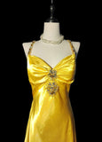 Bright Yellow V Neck Mermaid Satin Beading Long Prom Dresses Backless Formal Evening Gowns HZ1024