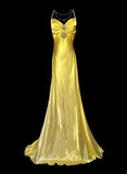 Bright Yellow V Neck Mermaid Satin Beading Long Prom Dresses Backless Formal Evening Gowns HZ1024