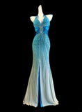 Blue V-neck Mermaid Chiffon Beading Open Back Prom Dresses Formal Evening Gowns HZ1024