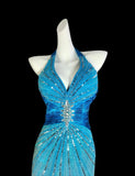 Blue V-neck Mermaid Chiffon Beading Open Back Prom Dresses Formal Evening Gowns HZ1024