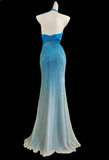 Blue V-neck Mermaid Chiffon Beading Open Back Prom Dresses Formal Evening Gowns HZ1024